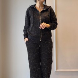 Kadın Uzun Kollu Kapşonlu Fermuarlı Taşlı önü Fermuarlı Viskon Iki Iplik Bluz Ve Eşofman Altı Ikili Takım , 30870