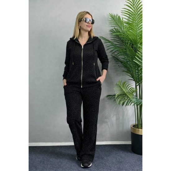 Kadın Uzun Kollu Kapşonlu Fermuarlı Taşlı önü Fermuarlı Viskon Iki Iplik Bluz Ve Eşofman Altı Ikili Takım , 30870