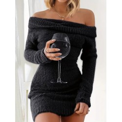 Kadın Uzun Kollu Omuzlardan Açık Kısa şardonlu Triko Elbise , 30893