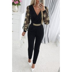 Kadın Uzun Kollu Kruvaze Yakalı Kolları çiçek Desenli Janjan Krep Tulum, 30890