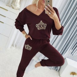 Kadın Uzun Kollu V Yakalı Desenli Viskon Iki Iplik Bluz Ve Pantolon Ikili Takım , 30889