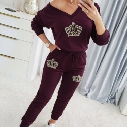 Kadın Uzun Kollu V Yakalı Desenli Viskon Iki Iplik Bluz Ve Pantolon Ikili Takım , 30889