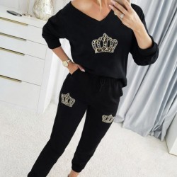 Kadın Uzun Kollu V Yakalı Desenli Viskon Iki Iplik Bluz Ve Pantolon Ikili Takım , 30888