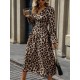 Kadın Uzun Kollu Kruvaze Yaka Belden Oturtmalı Midi Modal Leopar Desenli Elbise , 30925