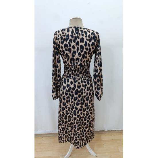 Kadın Uzun Kollu Kruvaze Yaka Belden Oturtmalı Midi Modal Leopar Desenli Elbise , 30925