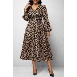 Kadın Uzun Kollu Kruvaze Yaka Belden Oturtmalı Midi Modal Leopar Desenli Elbise , 30925