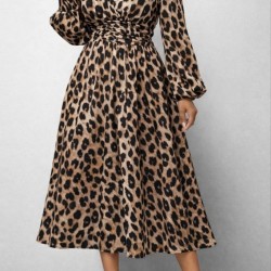 Kadın Uzun Kollu Kruvaze Yaka Belden Oturtmalı Midi Modal Leopar Desenli Elbise , 30925