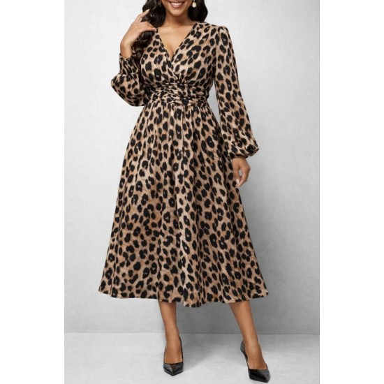 Kadın Uzun Kollu Kruvaze Yaka Belden Oturtmalı Midi Modal Leopar Desenli Elbise , 30925
