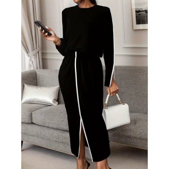 Kadın Uzun Kollu Bisiklet Yaka Kaşkorse Bluz Ve Yırtmaçlı Etek Ikili Takım , 30924