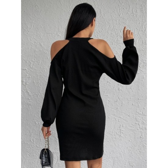 Kadın Uzun Kollu Omuzları Açık Boyundan şerit Detay Kaşkorse Elbise, 30920