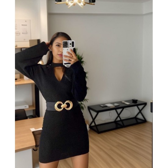 Kadın Uzun Kollu Omuzları Açık Boyundan şerit Detay Kaşkorse Elbise, 30920