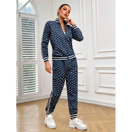 Kadın Uzun Kollu önden Fermuarlı Desenli Iki Iplik Bluz Ve Pantolon Ikili Takım , 30919