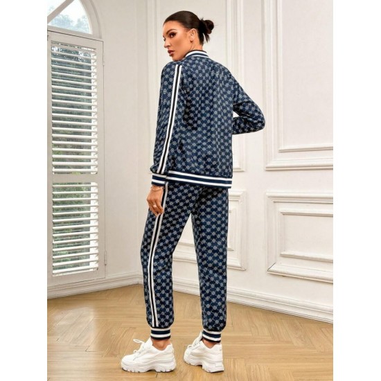 Kadın Uzun Kollu önden Fermuarlı Desenli Iki Iplik Bluz Ve Pantolon Ikili Takım , 30919