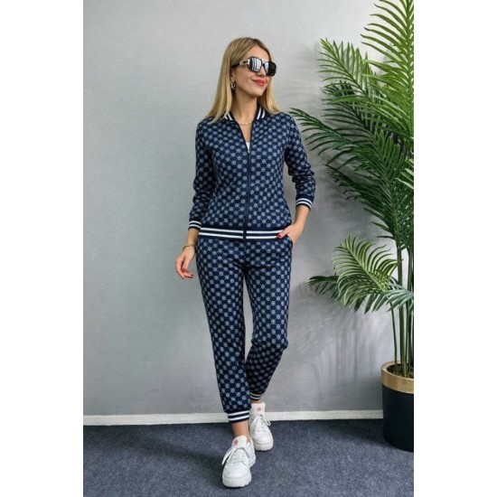 Kadın Uzun Kollu önden Fermuarlı Desenli Iki Iplik Bluz Ve Pantolon Ikili Takım , 30919