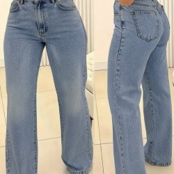 Kadın Yüksek Bel Cepli Paçaya Doğru Geniş Kot Pantolon , 30918