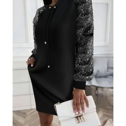 Kadın Uzun Kollu Pulpayetli Bağcıklı Cep Detaylı Mini Viskon Iki Iplik Elbise , 30916