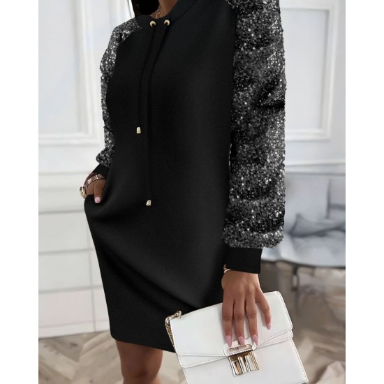 Kadın Uzun Kollu Pulpayetli Bağcıklı Cep Detaylı Mini Viskon Iki Iplik Elbise , 30916