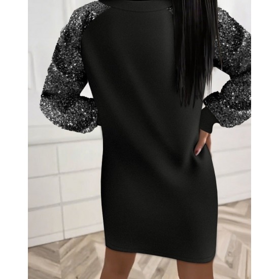 Kadın Uzun Kollu Pulpayetli Bağcıklı Cep Detaylı Mini Viskon Iki Iplik Elbise , 30916