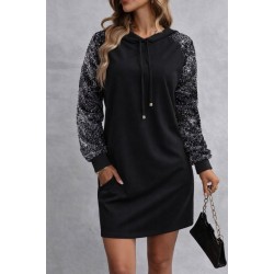 Kadın Uzun Kollu Pulpayetli Bağcıklı Cep Detaylı Mini Viskon Iki Iplik Elbise , 30916