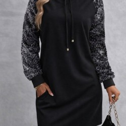 Kadın Uzun Kollu Pulpayetli Bağcıklı Cep Detaylı Mini Viskon Iki Iplik Elbise , 30916