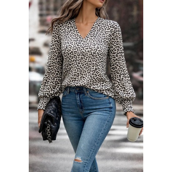 Kadın Uzun Kollu V Yaka Kollar Gipe Detaylı Leopar Desenli Süprem Bluz , 30911