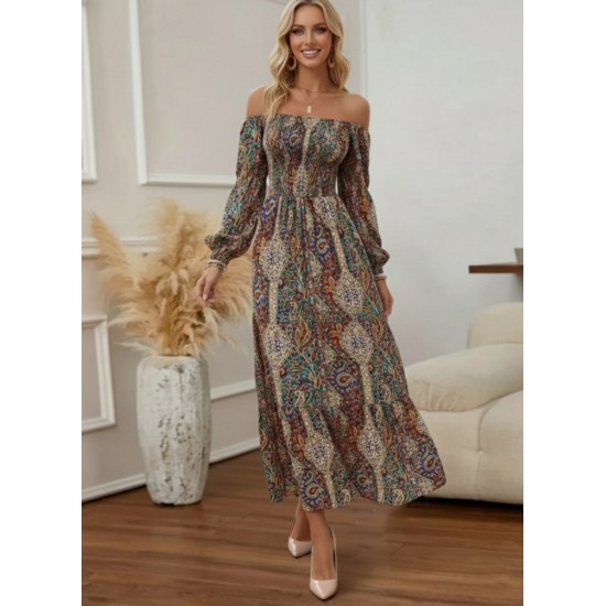 Kadın Düşük Omuzlu Beli Büzgülü Dijital Desenli Kesik Elyaf Süprem Uzun Elbise , 30910