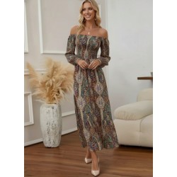 Kadın Düşük Omuzlu Beli Büzgülü Dijital Desenli Kesik Elyaf Süprem Uzun Elbise , 30910 Kadın Düşük Omuzlu Beli Büzgülü Dijital Desenli Kesik Elyaf Süprem Uzun Elbise , 30910