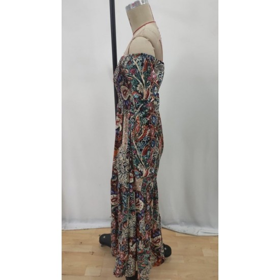 Kadın Düşük Omuzlu Beli Büzgülü Dijital Desenli Kesik Elyaf Süprem Uzun Elbise , 30910