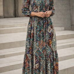 Kadın Düşük Omuzlu Beli Büzgülü Dijital Desenli Kesik Elyaf Süprem Uzun Elbise , 30910