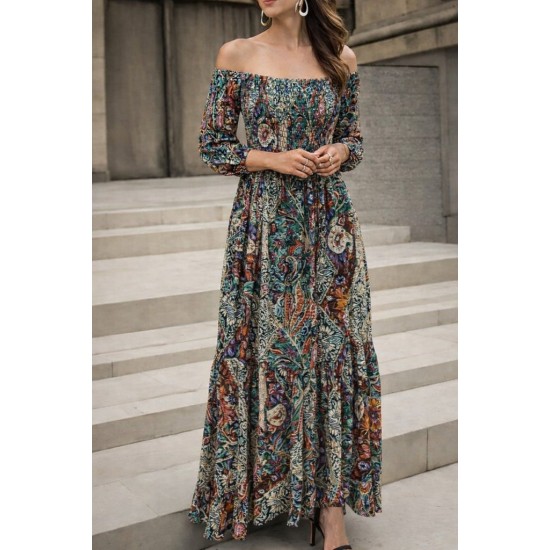 Kadın Düşük Omuzlu Beli Büzgülü Dijital Desenli Kesik Elyaf Süprem Uzun Elbise , 30910