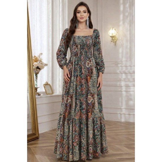 Kadın Düşük Omuzlu Beli Büzgülü Dijital Desenli Kesik Elyaf Süprem Uzun Elbise , 30910