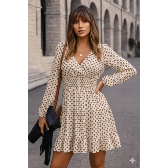 Kadın Uzun Kollu Kruvaze Yaka Desenli Mini Modal Elbise , 30950 Kadın Uzun Kollu Kruvaze Yaka Desenli Mini Modal Elbise , 30950