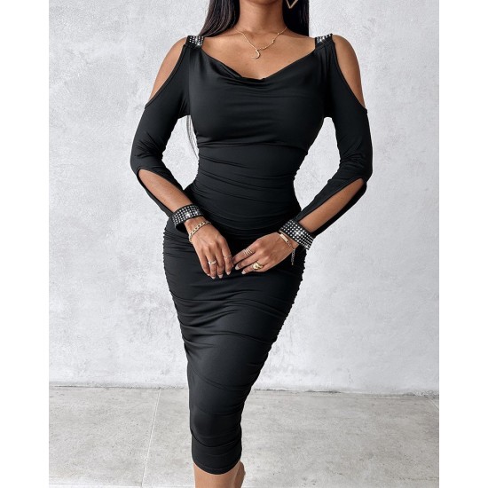 Kadın Omuzlardan Açık Uzun Kollu Taşlı Degaje Yakalı Sandy Midi Elbise , 30948