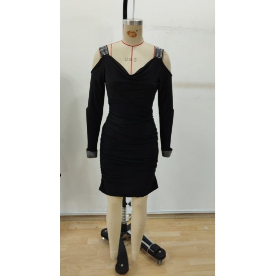 Kadın Omuzlardan Açık Uzun Kollu Taşlı Degaje Yakalı Sandy Midi Elbise , 30948