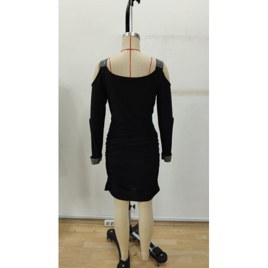 Kadın Omuzlardan Açık Uzun Kollu Taşlı Degaje Yakalı Sandy Midi Elbise , 30948