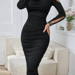 Kadın Omuzlardan Açık Uzun Kollu Taşlı Degaje Yakalı Sandy Midi Elbise , 30948