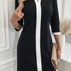 Kadın Uzun Kollu Yuvarlak V Yakalı şerit Detaylı Modal Mini Elbise , 30947