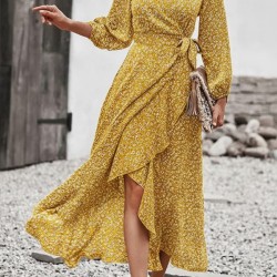 Kadın Uzun Kollu Kruvaze Yaka Yandan Bağlamalı önden Fırfır Detaylı Süprem Uzun Elbise, 30946