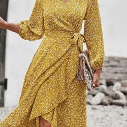 Kadın Uzun Kollu Kruvaze Yaka Yandan Bağlamalı önden Fırfır Detaylı Süprem Uzun Elbise, 30946