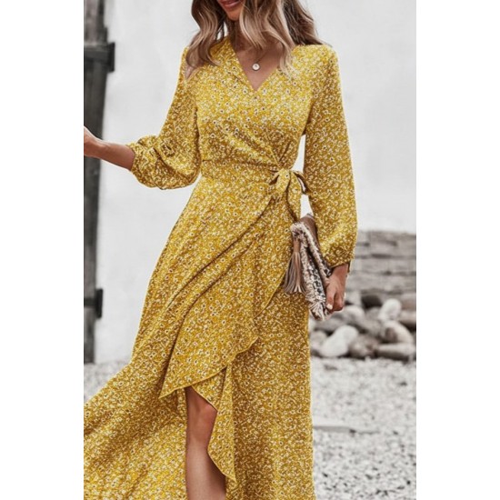 Kadın Uzun Kollu Kruvaze Yaka Yandan Bağlamalı önden Fırfır Detaylı Süprem Uzun Elbise, 30946