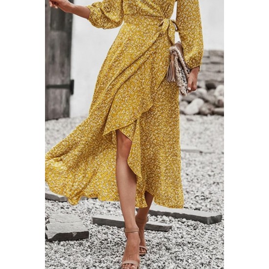 Kadın Uzun Kollu Kruvaze Yaka Yandan Bağlamalı önden Fırfır Detaylı Süprem Uzun Elbise, 30946