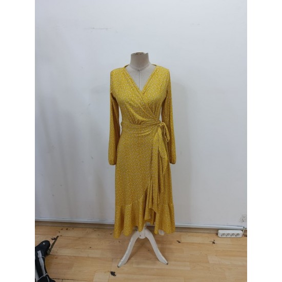 Kadın Uzun Kollu Kruvaze Yaka Yandan Bağlamalı önden Fırfır Detaylı Süprem Uzun Elbise, 30946