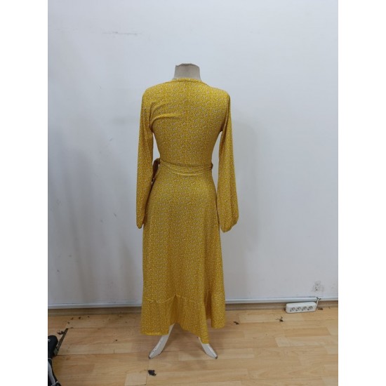 Kadın Uzun Kollu Kruvaze Yaka Yandan Bağlamalı önden Fırfır Detaylı Süprem Uzun Elbise, 30946