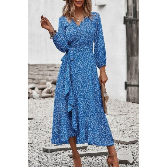 Kadın Uzun Kollu Kruvaze Yaka Yandan Bağlamalı önden Fırfır Detaylı Süprem Uzun Elbise, 30945