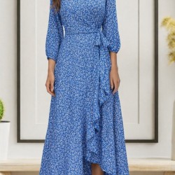 Kadın Uzun Kollu Kruvaze Yaka Yandan Bağlamalı önden Fırfır Detaylı Süprem Uzun Elbise, 30945