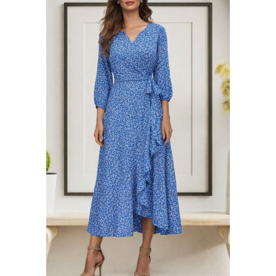 Kadın Uzun Kollu Kruvaze Yaka Yandan Bağlamalı önden Fırfır Detaylı Süprem Uzun Elbise, 30945