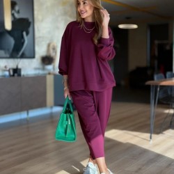 Kadın Uzun Kollu Bisiklet Yaka Viskon Iki Iplik Mor Bluz Ve Pantolon Ikili Takım , 30940
