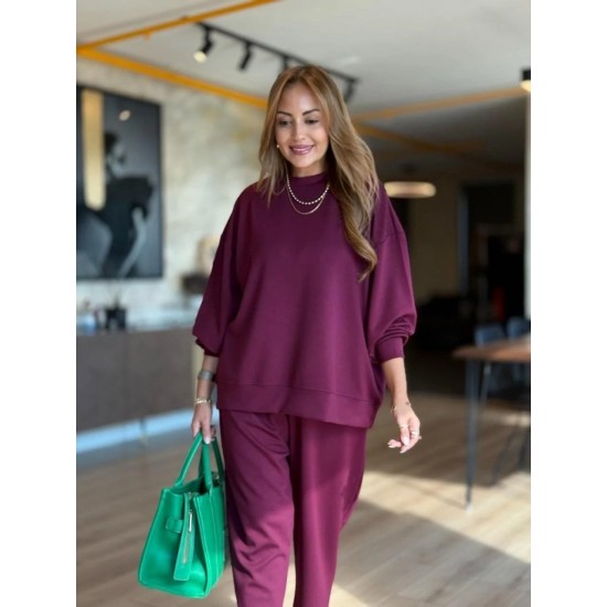 Kadın Uzun Kollu Bisiklet Yaka Viskon Iki Iplik Mor Bluz Ve Pantolon Ikili Takım , 30940