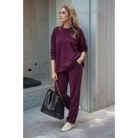 Kadın Uzun Kollu Bisiklet Yaka Viskon Iki Iplik Mor Bluz Ve Pantolon Ikili Takım , 30940