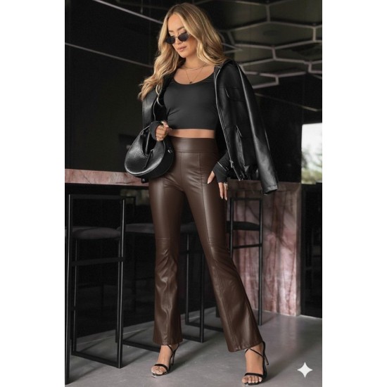 Kadın Yüksek Bel Paçaya Doğru Geniş Deri Pantolon , 30934